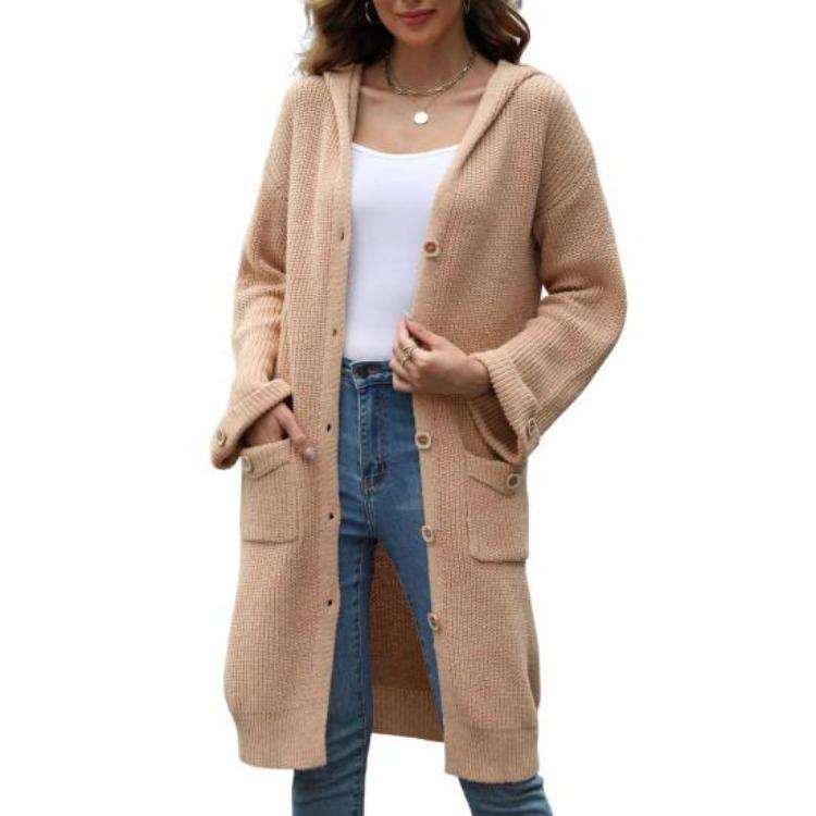 

Mid Length Loose Fit Cardigan Solid Color Knitwear with Pockets Long Sleeve Hooded Women Knitted Sweater Coat Single Breasted S