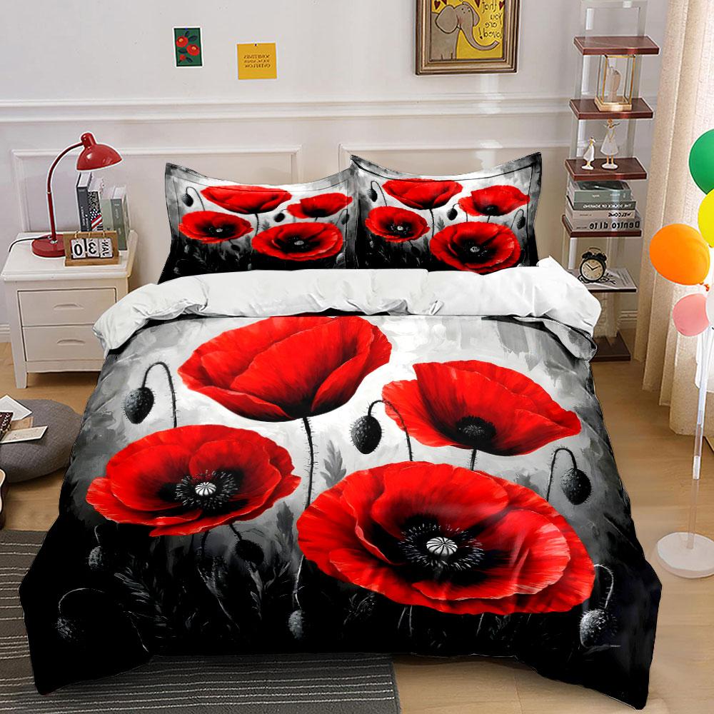 "Red Poppy Trio Wall Decor" kid's and adults' bedroom decor, Exquisite three-piece bedding set gift