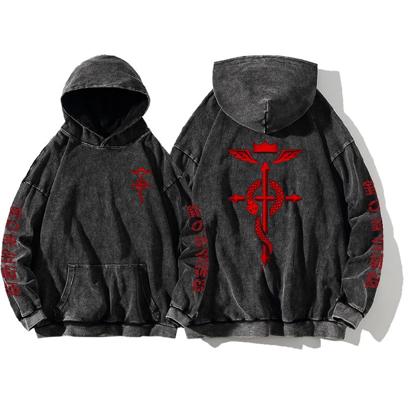

Hot Anime Fullmetal Alchemist Logo Print Hooded Men Women Vintage Manga Hoodies Washed Cotton Pullover Harajuku Loose Sweatshirt M чорний
