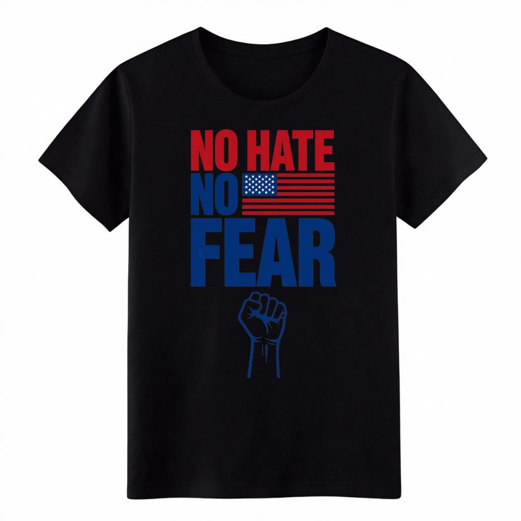 "No Hate No Fear" Patriotic American Flag Fist Protest Graphic Cotton T-Shirt
