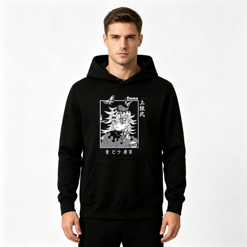 Anime Demon Slayer Doma Print Men Pullover Hoodie Casual Long Sleeve Sweatshirt