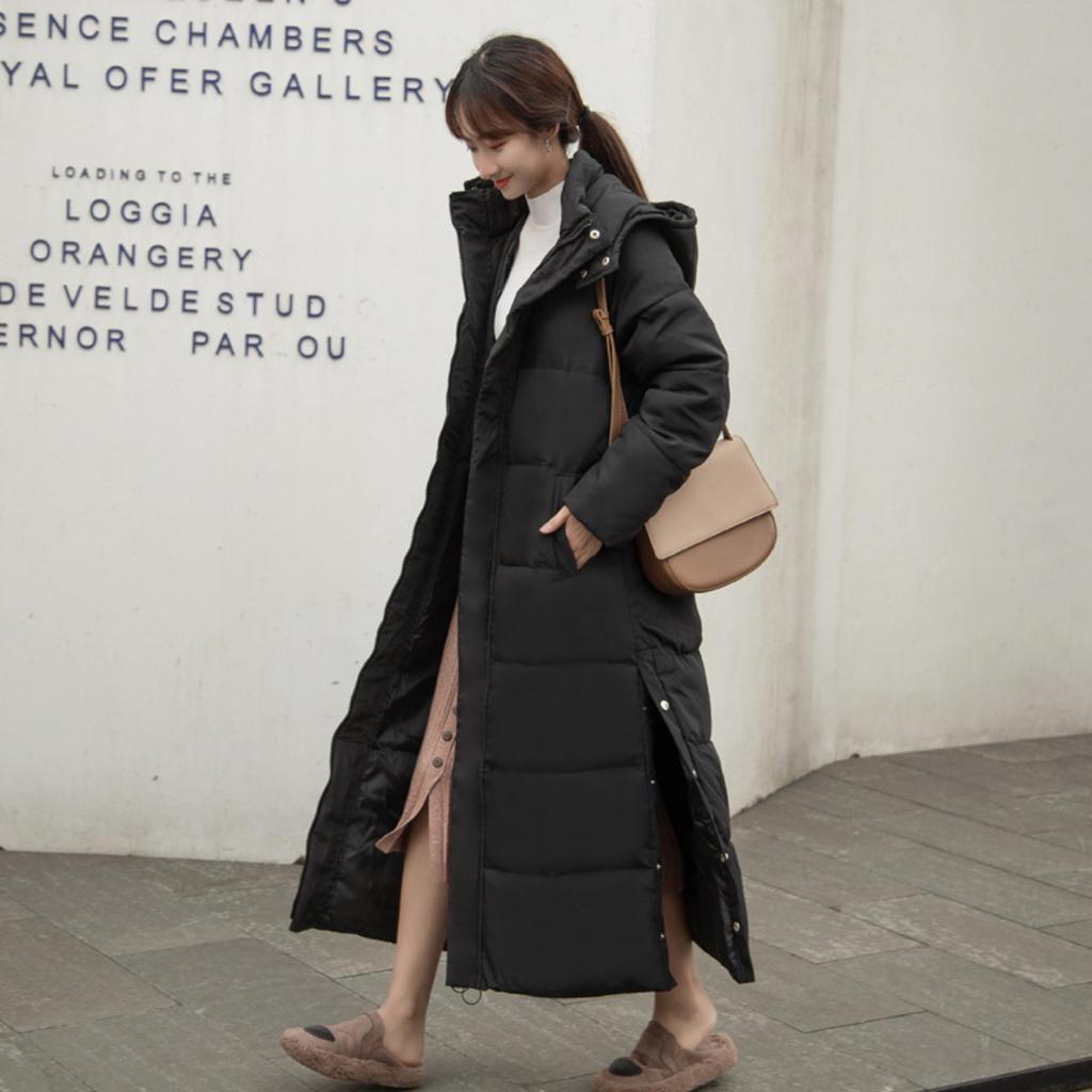 Winter New Women's Knee-Length Hooded Padded Coat Korean Style Slim Fit Thickened Cotton Parka