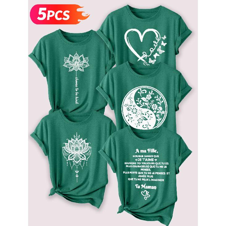 Lele Orientation Five-piece set for beautiful women T Shirt Mandala Lotus Yin-Yang Floral Heart Butterfly French Message Vintage Print Summer Casual
