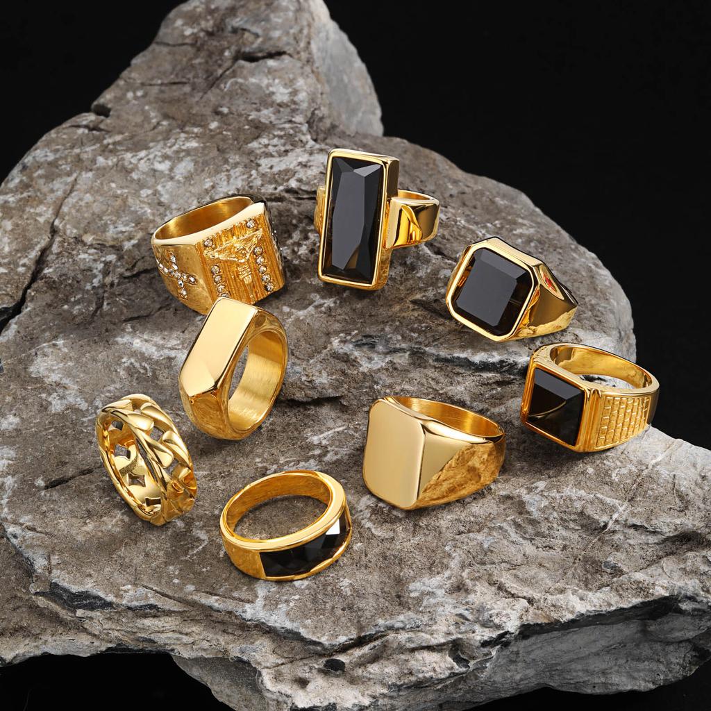 Punkowe pierścienie pozłacane dla mężczyzn, czarny geometryczny kwadratowy sygnet z kamieniem, męski gruby pierścień na kciuk