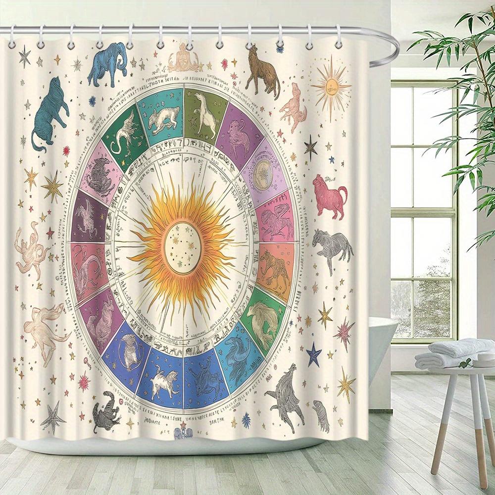 Zodiac Astrology Shower Curtain - Watercolor Sun & Signs, Vintage Woven Landscapes, Water-Resistant Polyester,  Line Dry