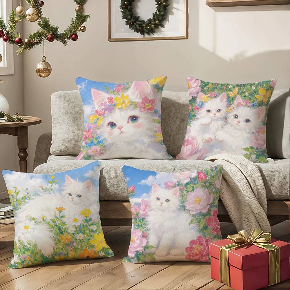 Painting Style KittenS Pillow Case Anti-dustmite Pillowcase Invisible Zipper Silky Sofa Cushion Cover