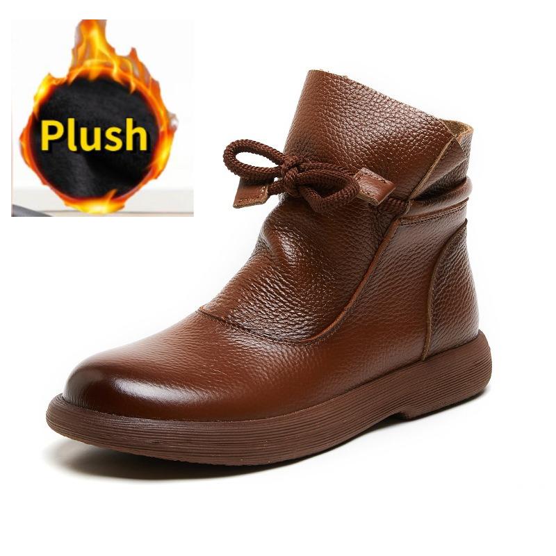 Genuine Leather Warm Wool Boots Winter Ankle Boots  Flat Bottomed Anti Slip Soft Bottomed Women Snow Boots