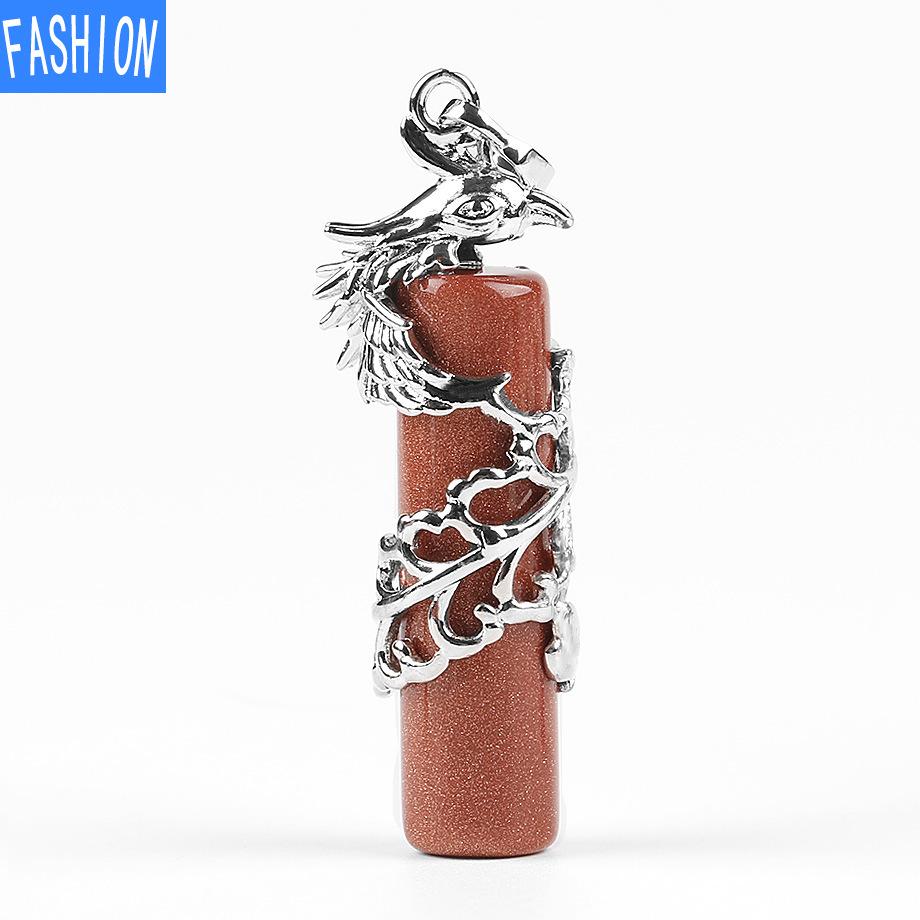 Creative Mascot Wrapped Natural Stone Cylindrical Pendant And Pink Crystal Necklace