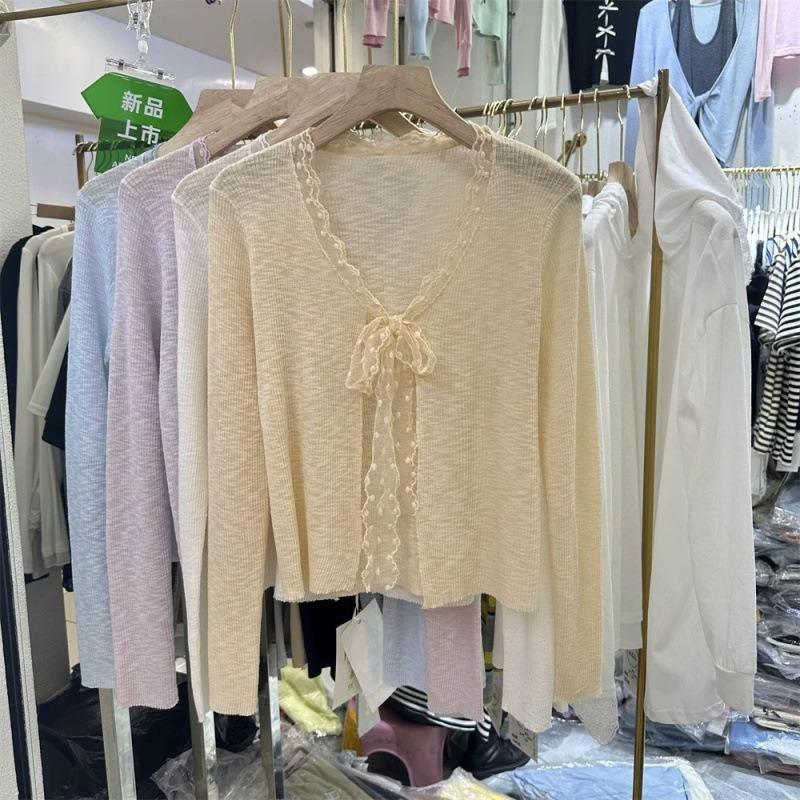 Women's Clothing, Summer New Sweet and Lazy Lace Straps Knitted Cardigan Women's Short Long-sleeved Top