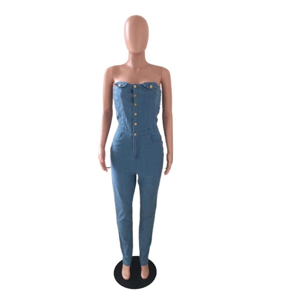 European American Strapless Slim Fit Denim Jumpsuit for Women