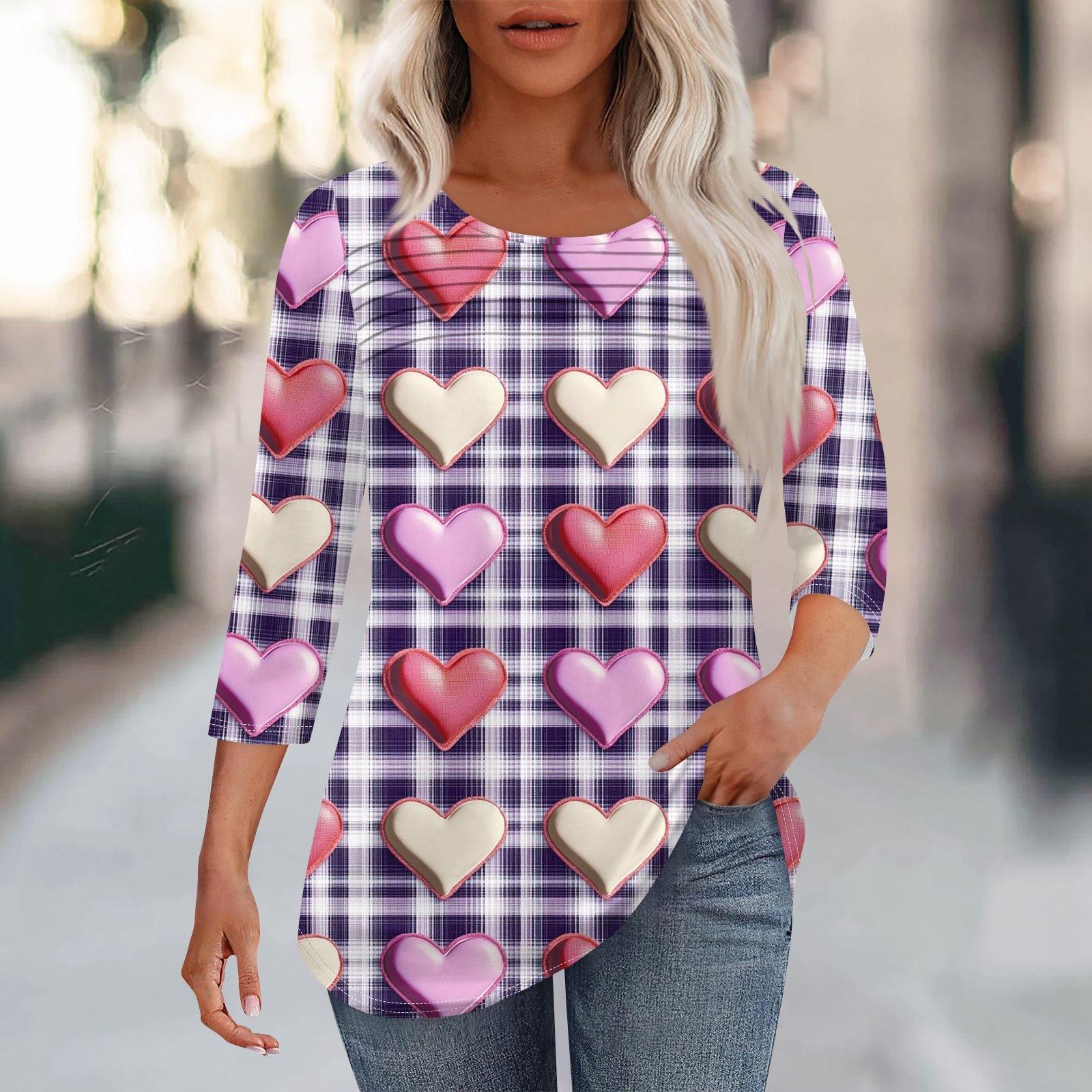 

Женская мода круглый вырез шея плиссированный спереди с принтом ко Дню святого Валентина рукав три четверти XL фиолетовый