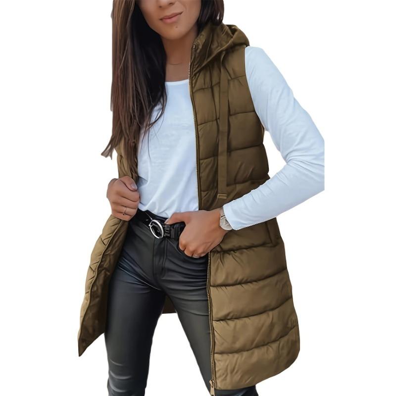 New women's coat solid color medium and long vest hooded slim sleeveless coat women