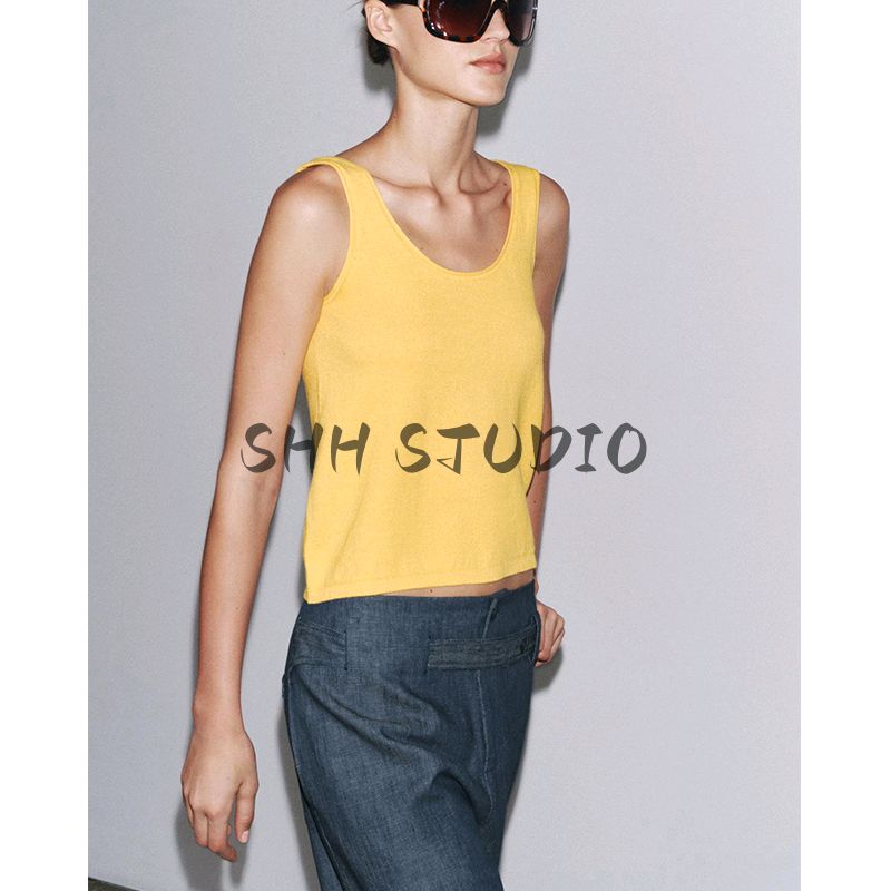 Easiest for Match Short Sleeve Knitting Outwear 3471032 Plain Stitch round Neck Wide Shoulder Strap Simple Casual Top 3471030