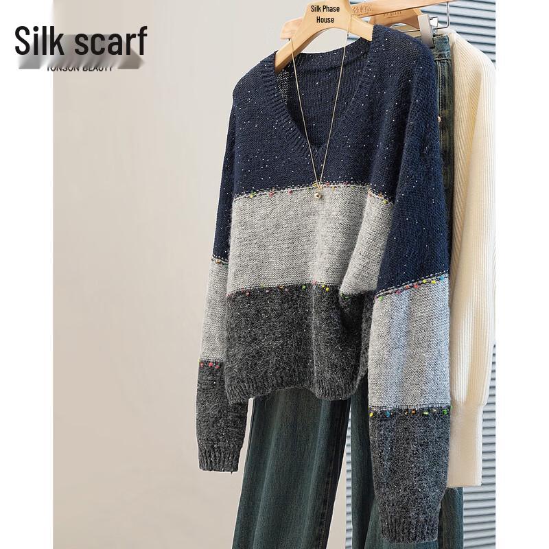 

Women s Loose V-Neck Color Block Knit Pullover One Size