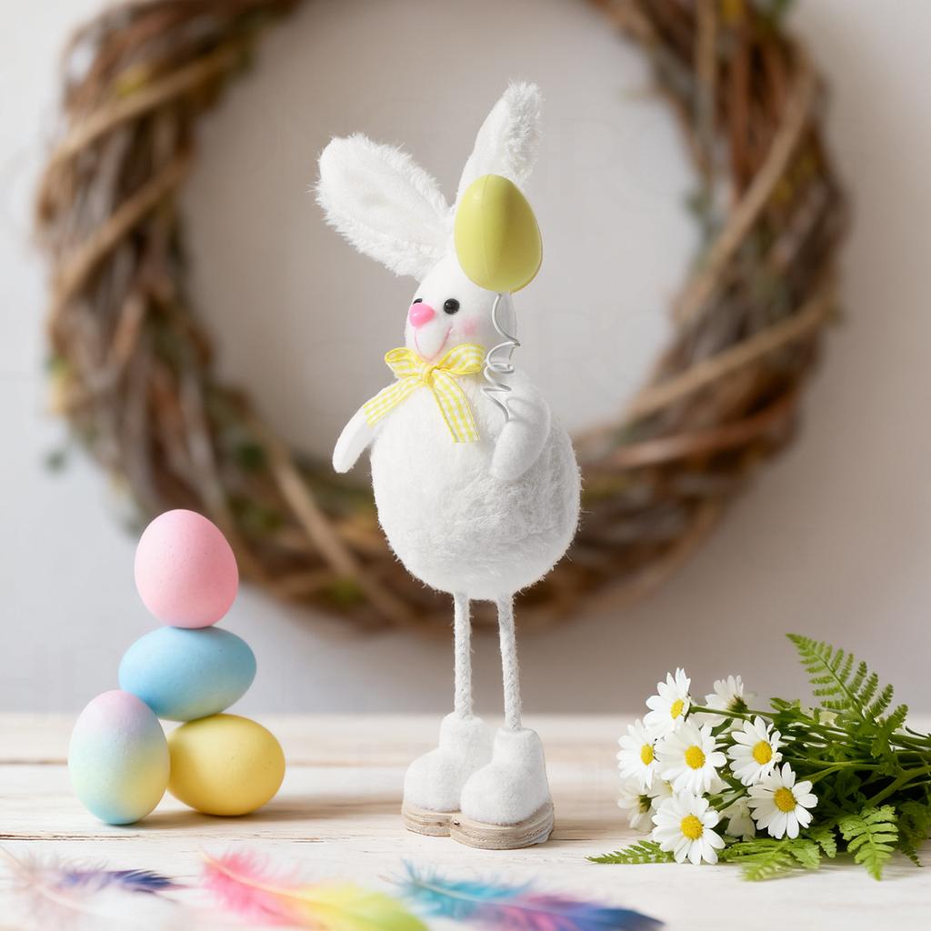 Kreative und niedliche Plüsch-Osterhasen-Ornamente zur Heimdekoration und Schaufenstergestaltung.