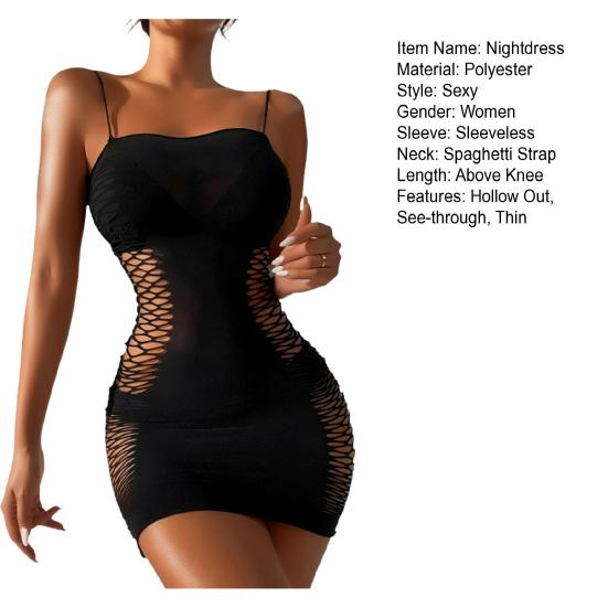 Women Nightdress Solid Color Hollow Out Spaghetti Strap Backless Sleeveless Slutty Slim Fit Fishnet Stripper Nightdress Women Garment
