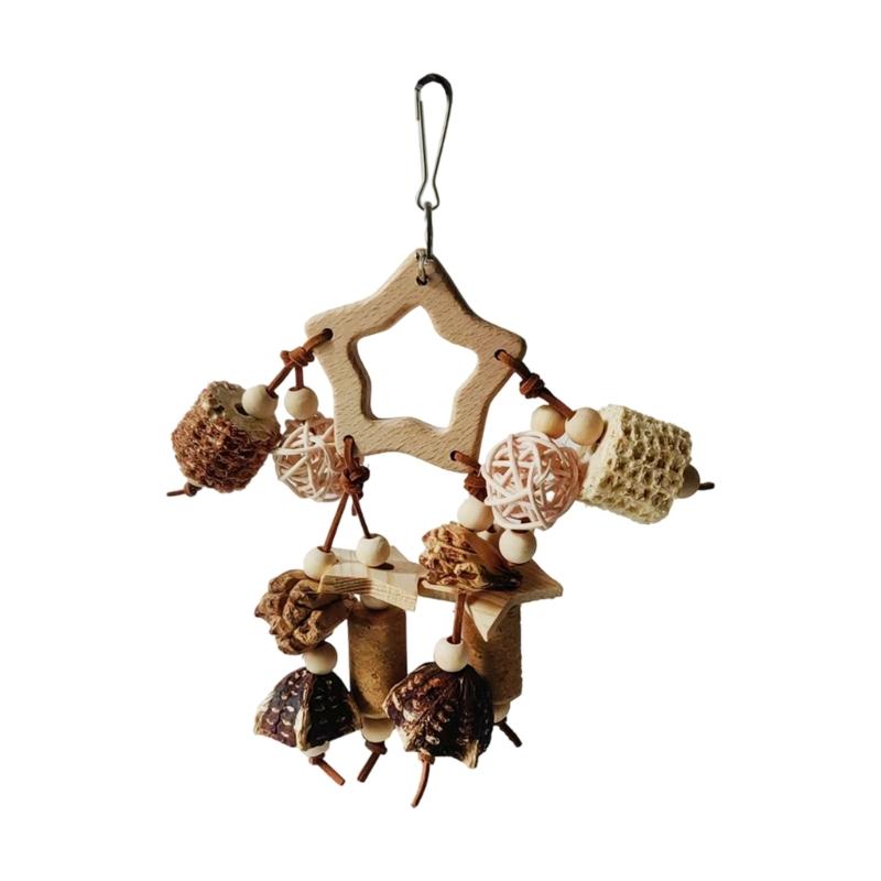 Bird Cage Hanging Toy With Natural Ball Safe Wooden Parrots Chewing Toy For Mental Stimulation