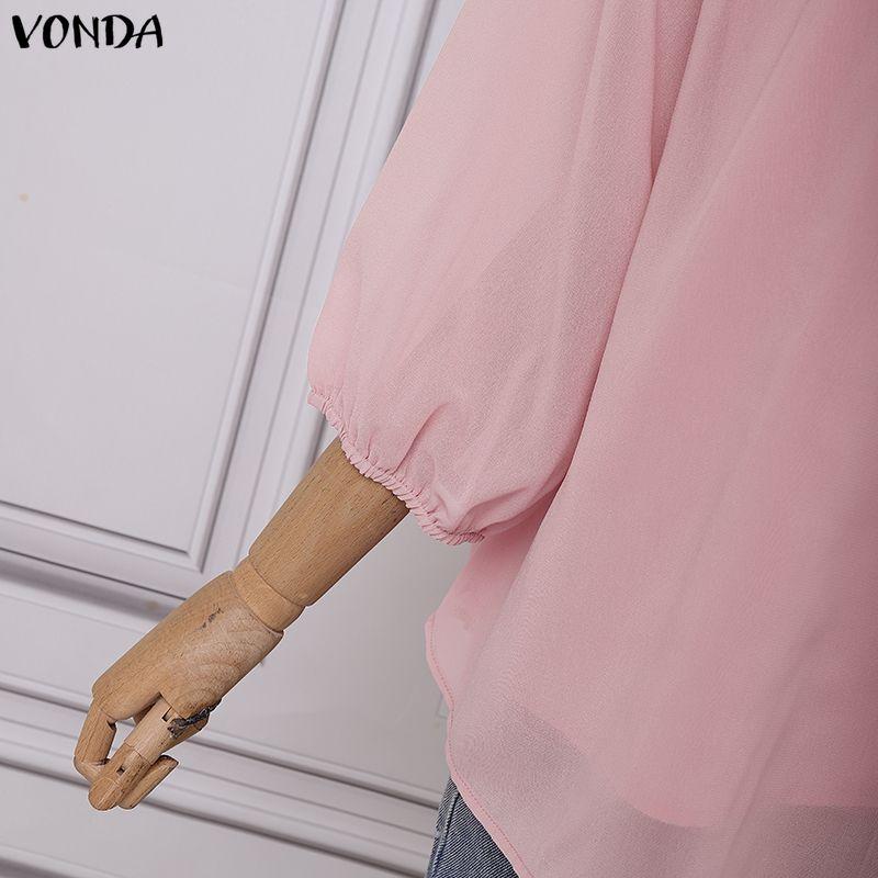 VONDA Women's Tops Casual Ruffle Neck Long Sleeve Pleated Layers Blouse
