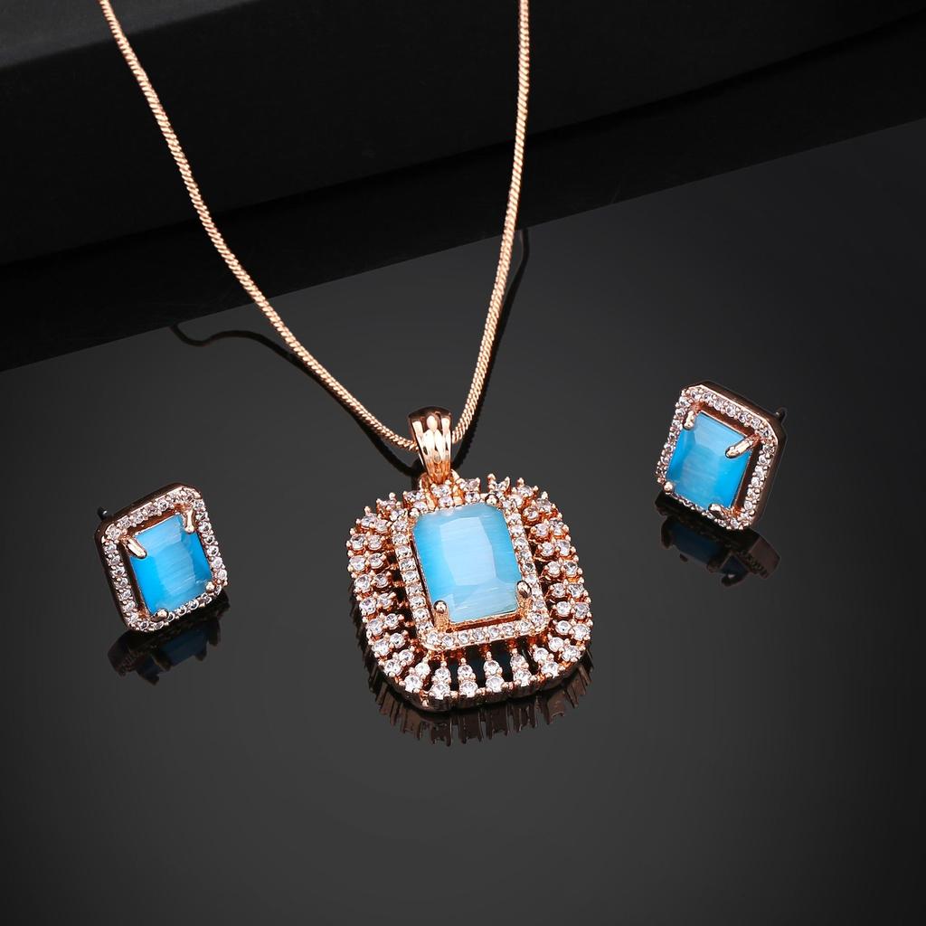 Estele Square Designer Pendant with Rose Gold Plated CZ and Mint Blue Crystals for Women