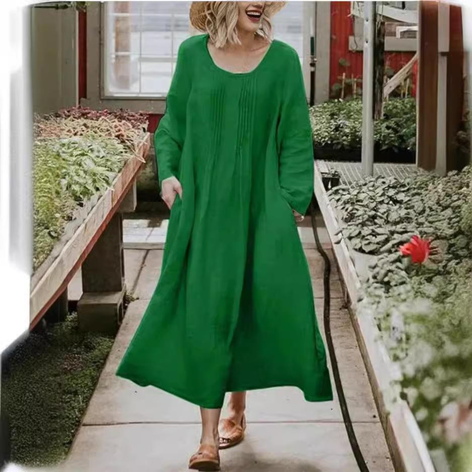 Women's Crew Neck Long Sleeve Linen Maxi Dress Loose Pleated Side Pocket Solid A Line Long Casual Robe 2023 Autumn European American Fashion