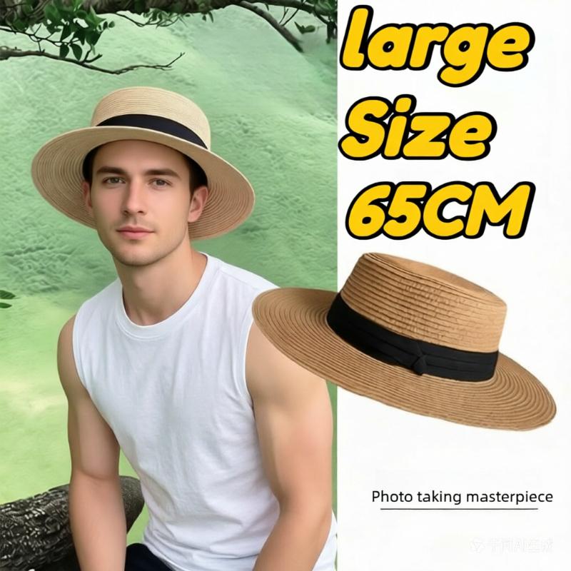 Yiran Dayang Hat Women's New Man Summer 59-65Cm Big Size Flat-Top Sun Straw Hat Fashion French Rustic Style Beach Sunshade Fedora Hat 54-58Cm 54-58Cm