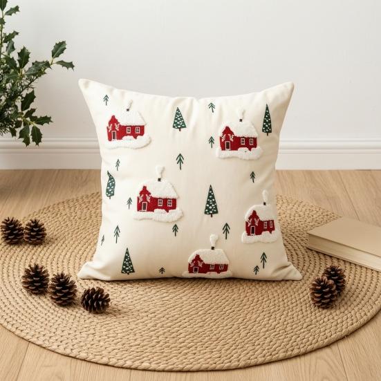 Holiday Gift for Home Decor Christmas Cottage Cushion Cover, Red Snowy House Pillowcase, Decorative Nordic Style Pattern Throw Pillow Case Sofa