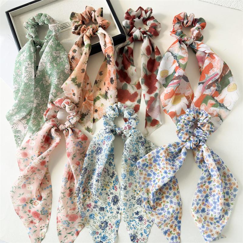 Artistic Oil Painting Style Ribbon Scrunchies Colorful Floral Print Hair Ties With Long Streamer Elegant Headwear For Art Lovers