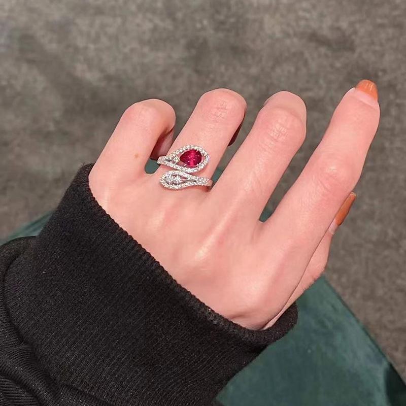 Luoxi Temple 2024 S925 Silver Pear-Shaped Pigeon Blood Red Adjustable Ring