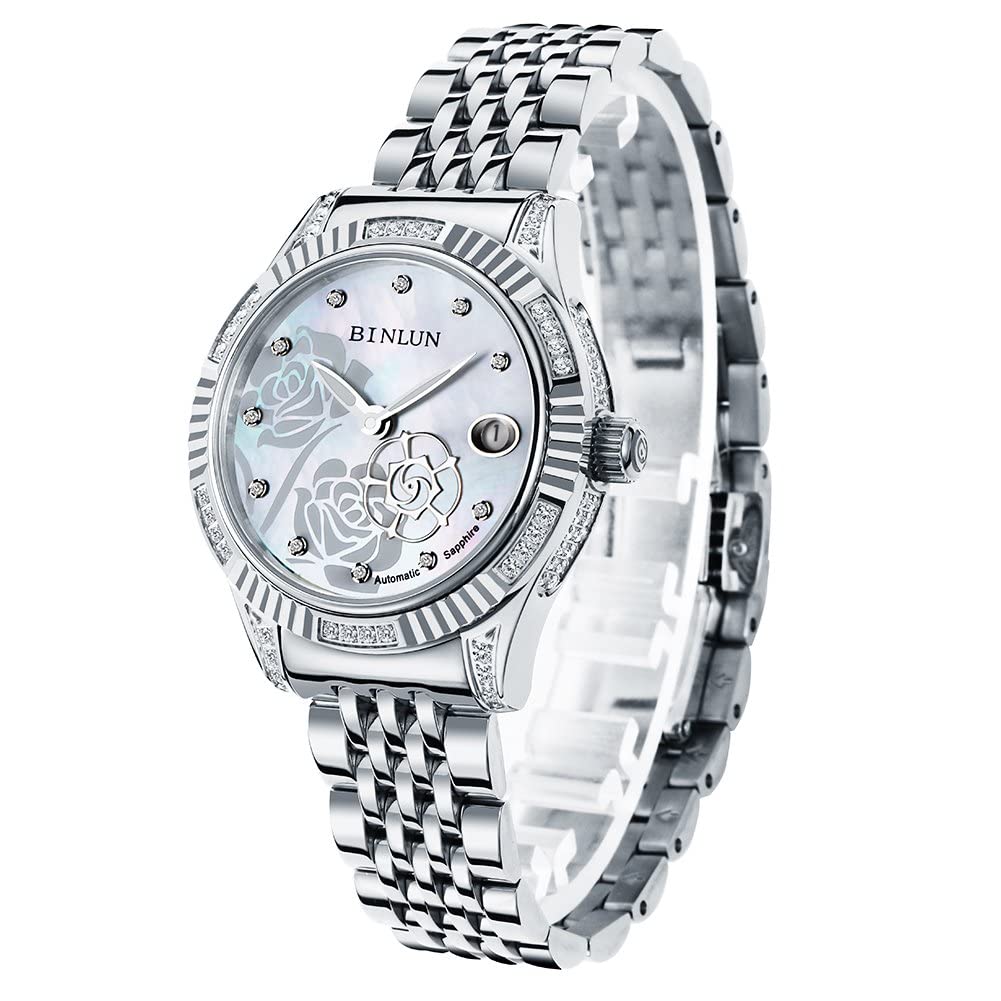 Ladies BINLUN Mechanical Automatic Winding Winding Japanese Movement Rose Pattern Diamond Luminous Date Display Bracelet Stainless Steel Water
