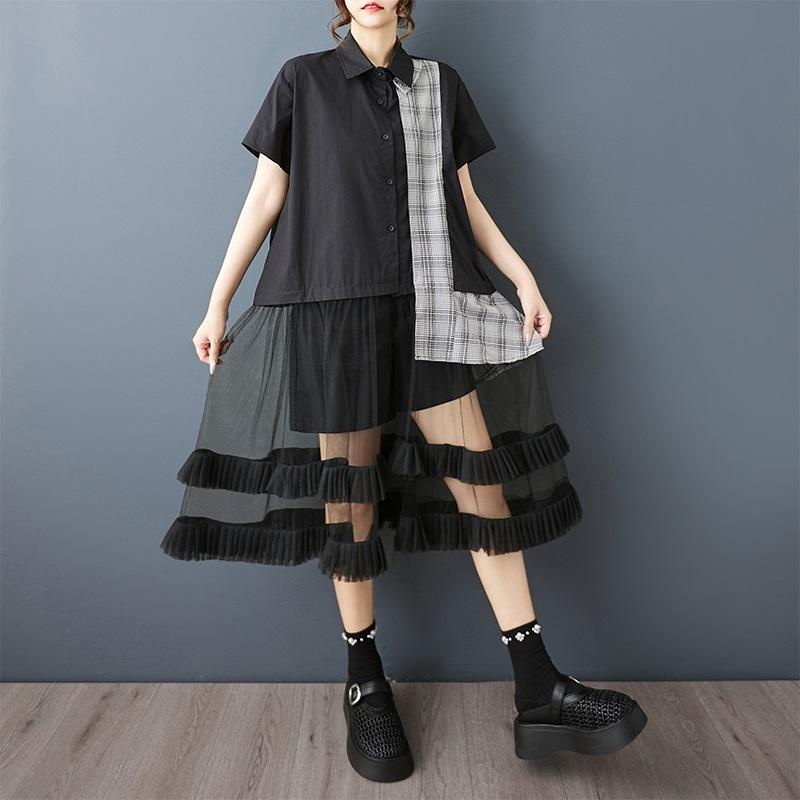 

Платье-рубашка с коротким рукавом, больших размеров, винтажное, пэчворк, новинка, для женщин, повседневное, свободное, длинное, летнее чёрный