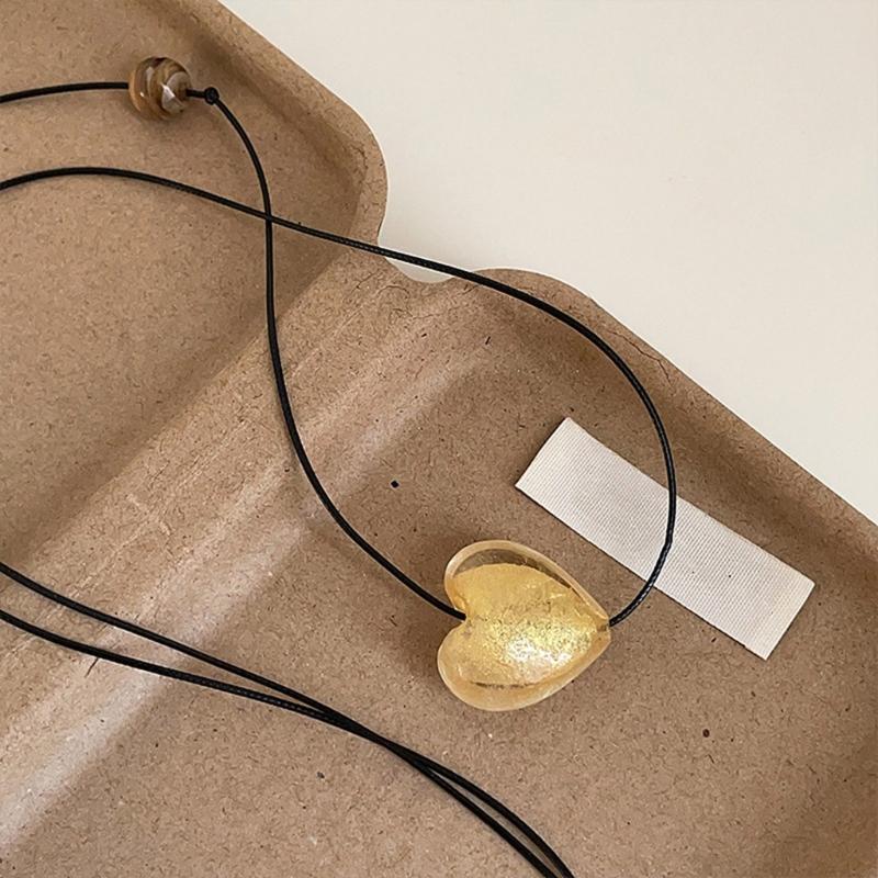 Elegant Handmade Colored Glaze Heart Choker Adjustable Black PU Leather Chain Necklace Trendy Accessory for Ladies