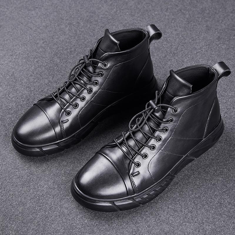 Men's shoes autumn and winter Martin boots warm velvet cowhide large size snow boots tooling boots thick sole raised top cotton leather shoes