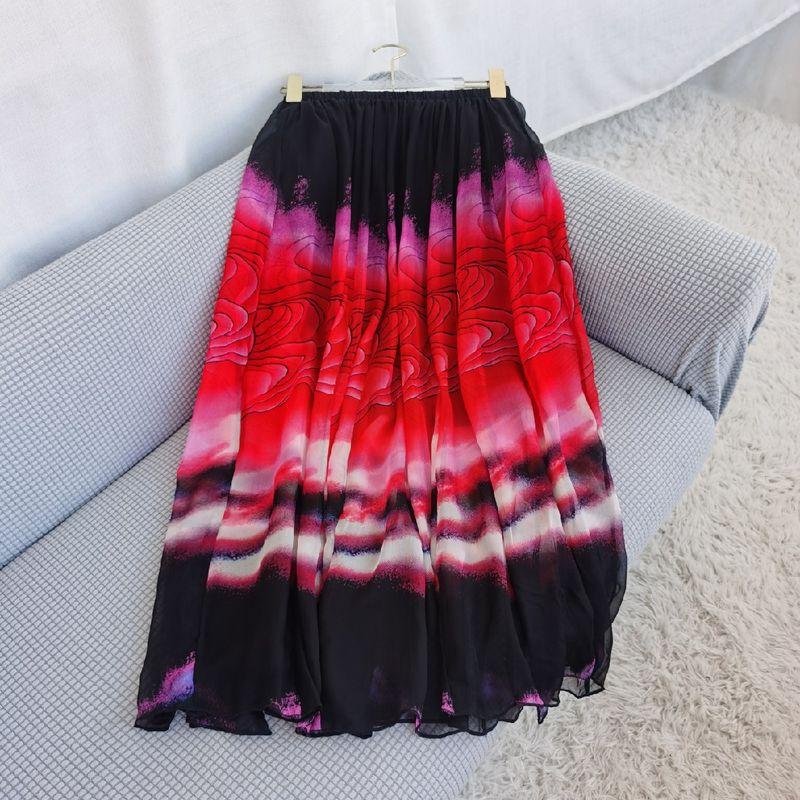 

Mulberry Silk Skirt Summer Silk Skirt Mid Length Long Length Large Swing Elegance Print High Waist Umbrella Skirt Red Free size (trademark L)