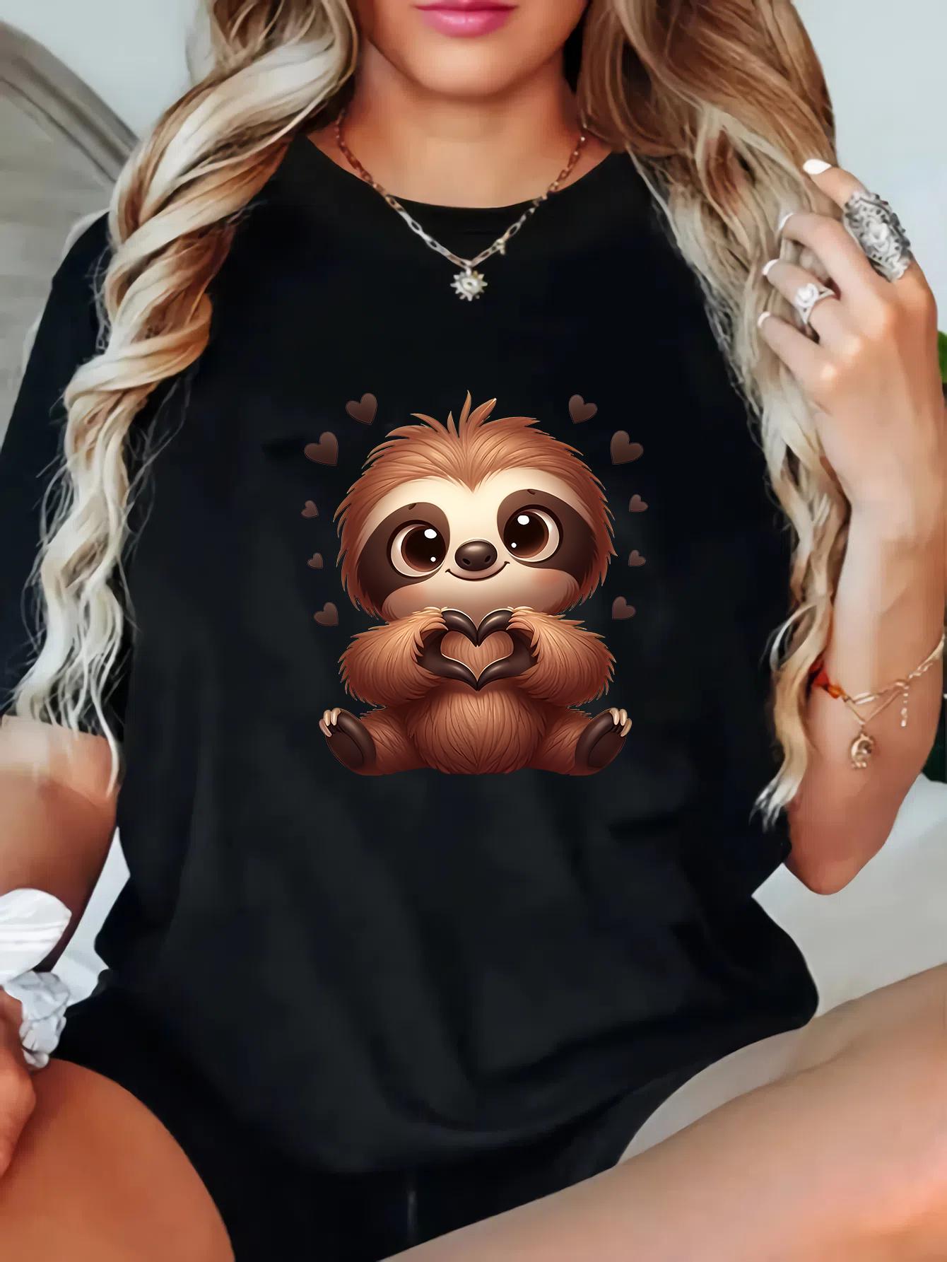 

Plus Size - Plus Size - Plus Size Casual Women S T-Shirt with Sloth Print, Short Sleeves, Round Neck, And Slight Stretch 5XL різнокольоровий