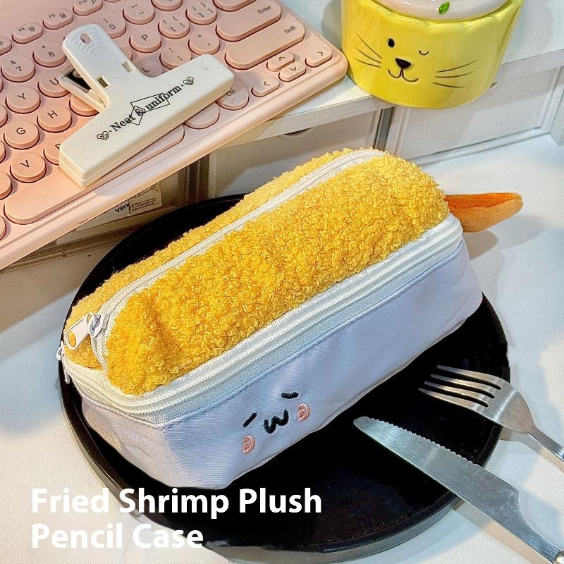Cute Cartoon Fried Shrimp Plush Pen Bag Kawaii Large Capacity Zipper Soft Pen Case Stationery Storage Bag School Supplies
