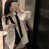 Women's White Tie Long Sleeve Mid-Length Casual Shirt – Spring/Autumn Loose Style