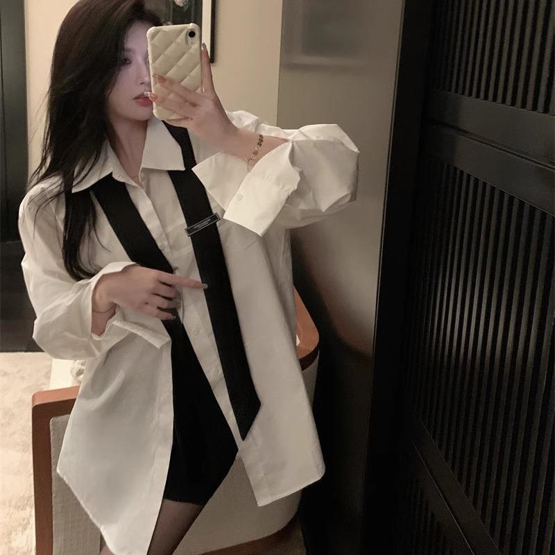 Women's White Tie Long Sleeve Mid-Length Casual Shirt – Spring/Autumn Loose Style