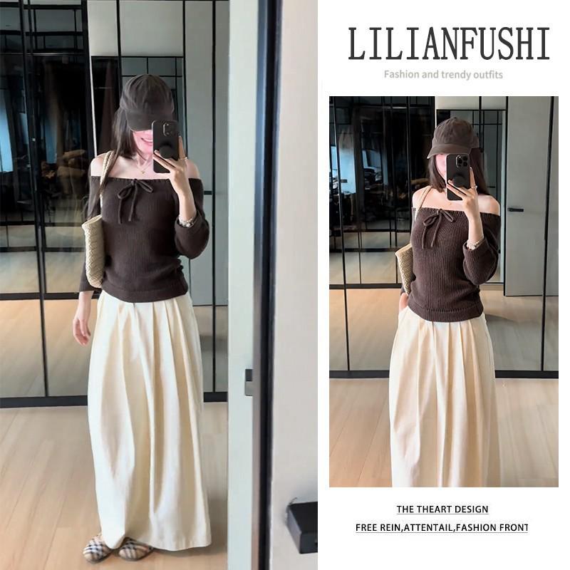 Korean Style 2026 Spring Two-Piece: One-Shoulder Knit Top & Slimming High-Waist Skirt. M