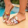 Women's Color Block Chunky Heel Slide Sandals, Square Toe Patent Leather Comfort One-Strap Sandals for Women