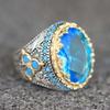 Squisito anello rotondo intarsiato con pietra blu e zircone blu cielo, anelli di fidanzamento in metallo bicolore, anelli di nozze per donne e uomini