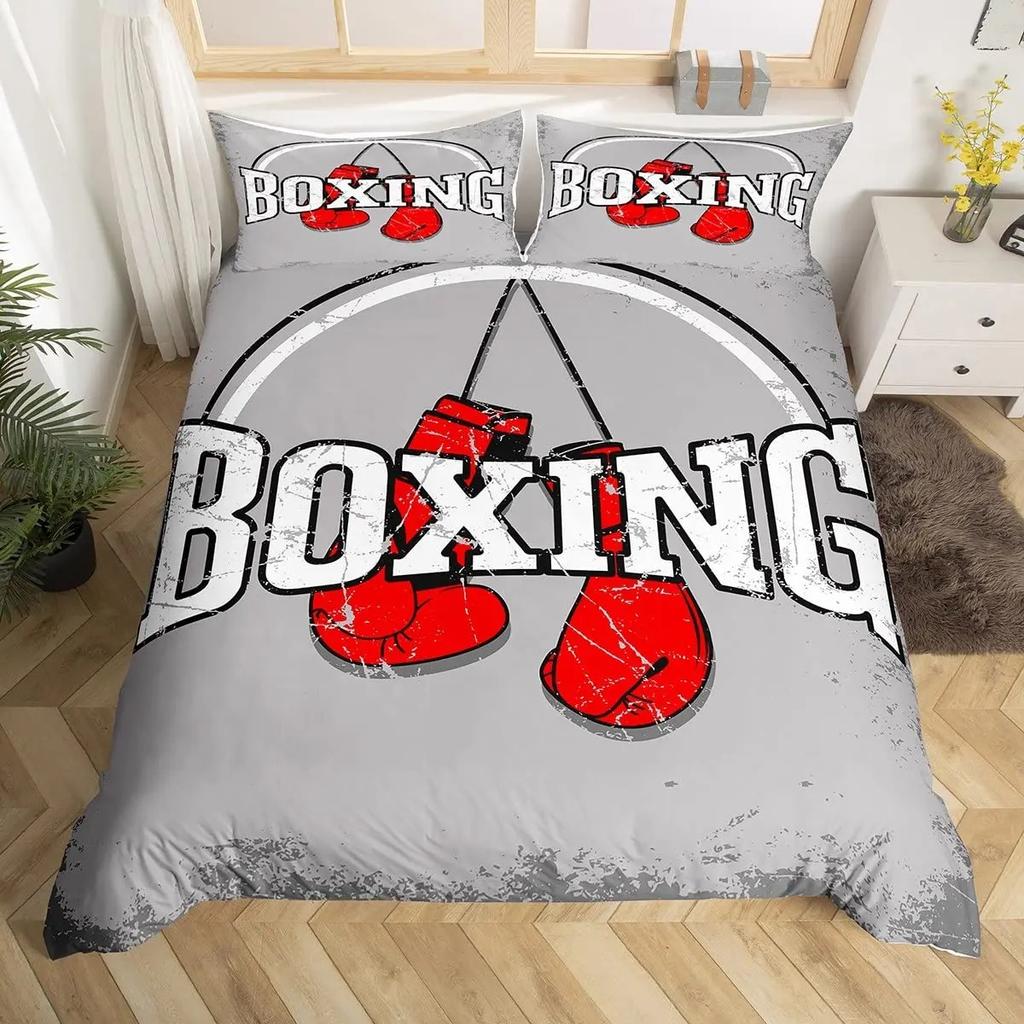 Boxing Sport Duvet Cover King Queen Golden Boxing Gloves Bedding Set Yellow Fire Print Comforter Cover Microfiber Quilt Cover