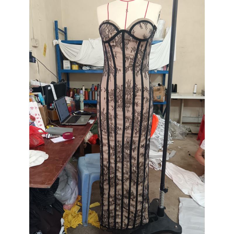 Damen Freizeit Langarm Enganliegend Spitze Träger Meerjungfrau Bodycon Langes Kleid
