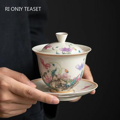 Chinesische Keramik Gaiwan Fair Cup Teefilter Handgefertigt Blumenmuster Porzellan Teetasse Trennung von Teeblatt und Wasser Haushalts-Teegeschirr