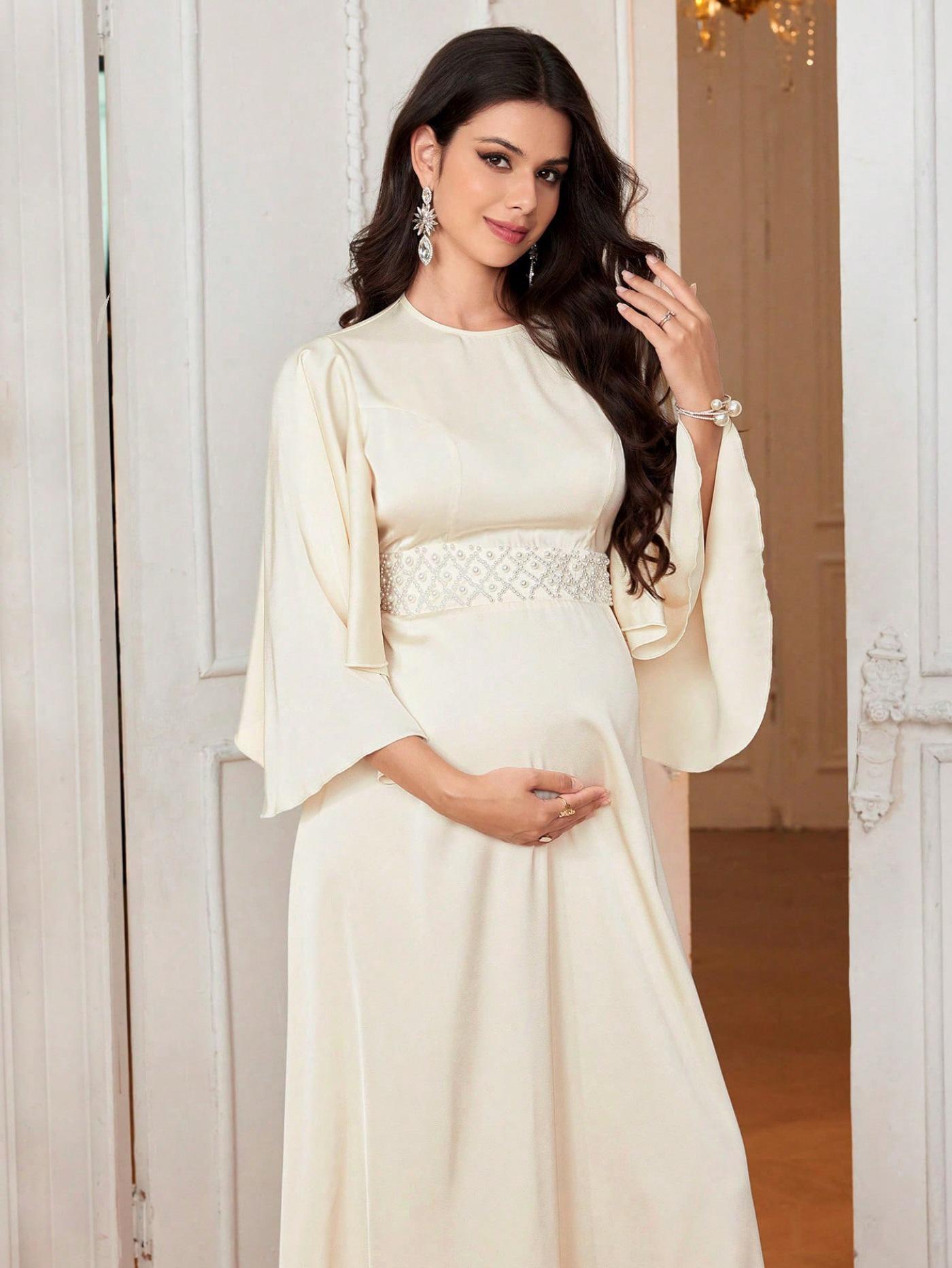 Elegant Flare Sleeve Round Neck Maternity Dress XL