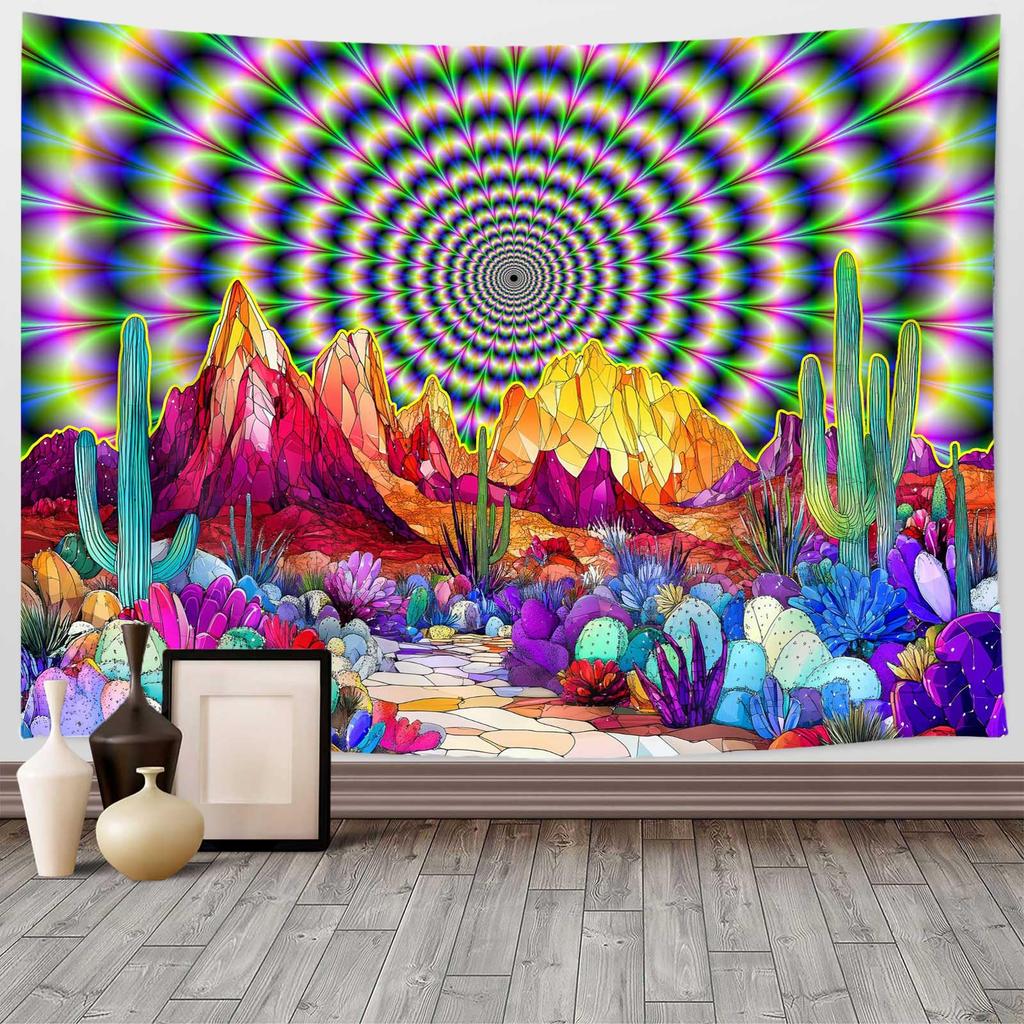 Psychedelic Mountain Cactus Tapestry Trippy Abstract Landscape Boho Wall Art for Bedroom Dorm Hippie Decor