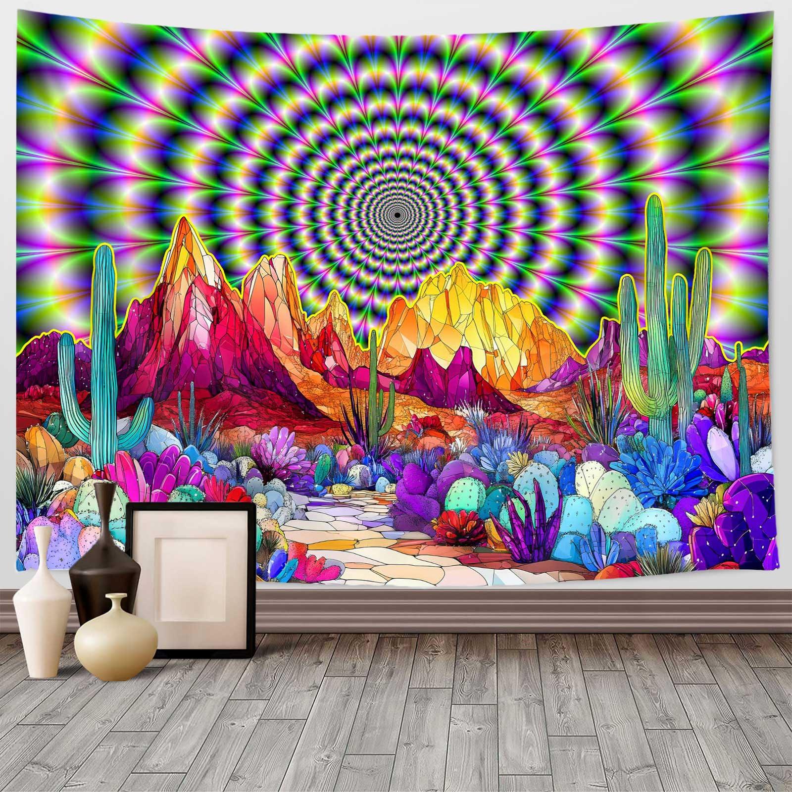 Psychedelic Mountain Cactus Tapestry Trippy Abstract Landscape Boho Wall Art for Bedroom Dorm Hippie Decor 100X70CM
