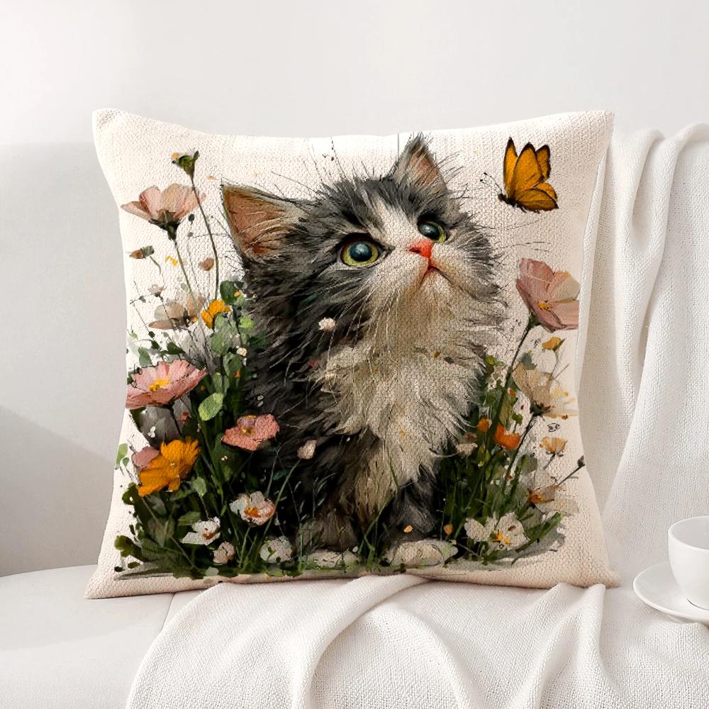 Cute Cat and Flower Cushion Cover Natural Linen Organic Fabric DoubleSided Printing Sofa Home Decor Gift Pillow Cover