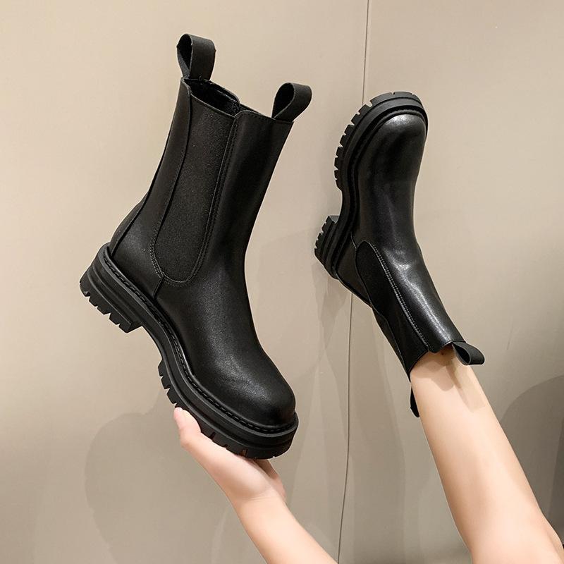 Large size thick heel thick-soled Martin boots for women 0000 Winter new British style versatile elastic belt Martin boots for women