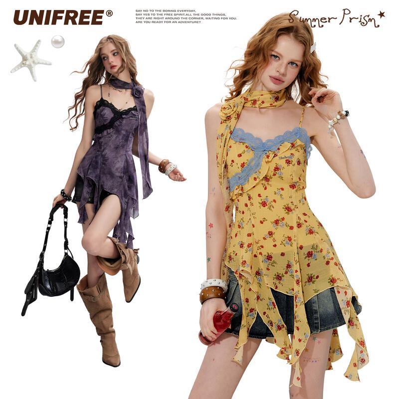 UNIFREE Retro Floral Lace Camisole with Scarf