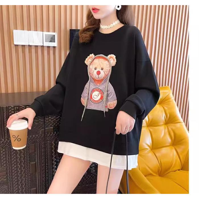 

Spot fake two-piece sweater women s spring fashion cartoon bear round neck loose pullover top jacket tide #2040 2XL